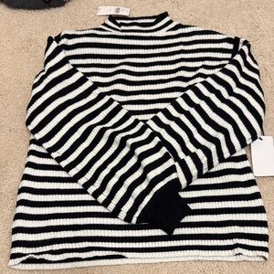 Anthropologie Line and Dot Black and White Balloon Sleeve Striped Sweater